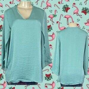 Denim 24/7 14W Turquoise Green Plisse Satin V-Neckline 3/4 Split Sleeve Blouse
